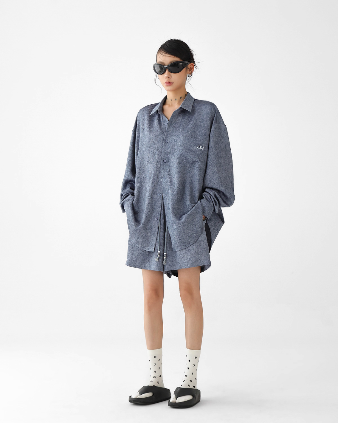 Dark Blue Drape Shirt / Waide Long Pants ACS0264