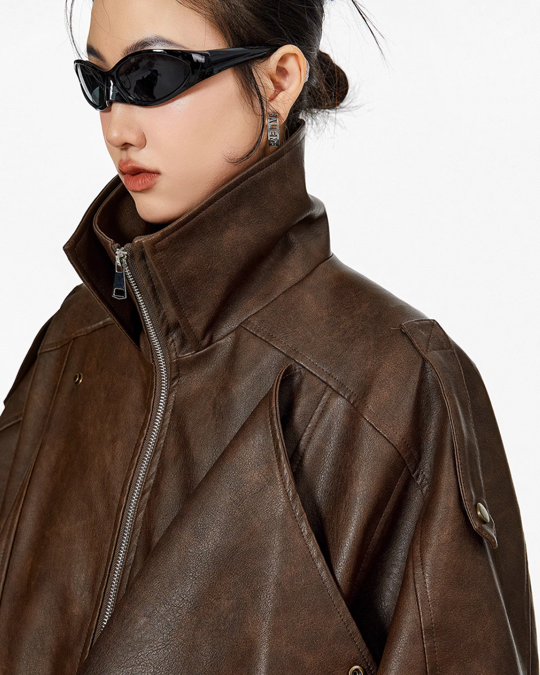 Stand Collar Volume Leather Jacket ICM0063