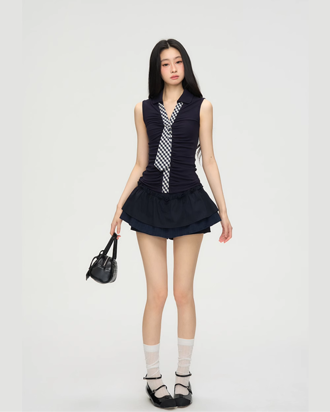 Navy Blue Double Layer Skirt PUC0017