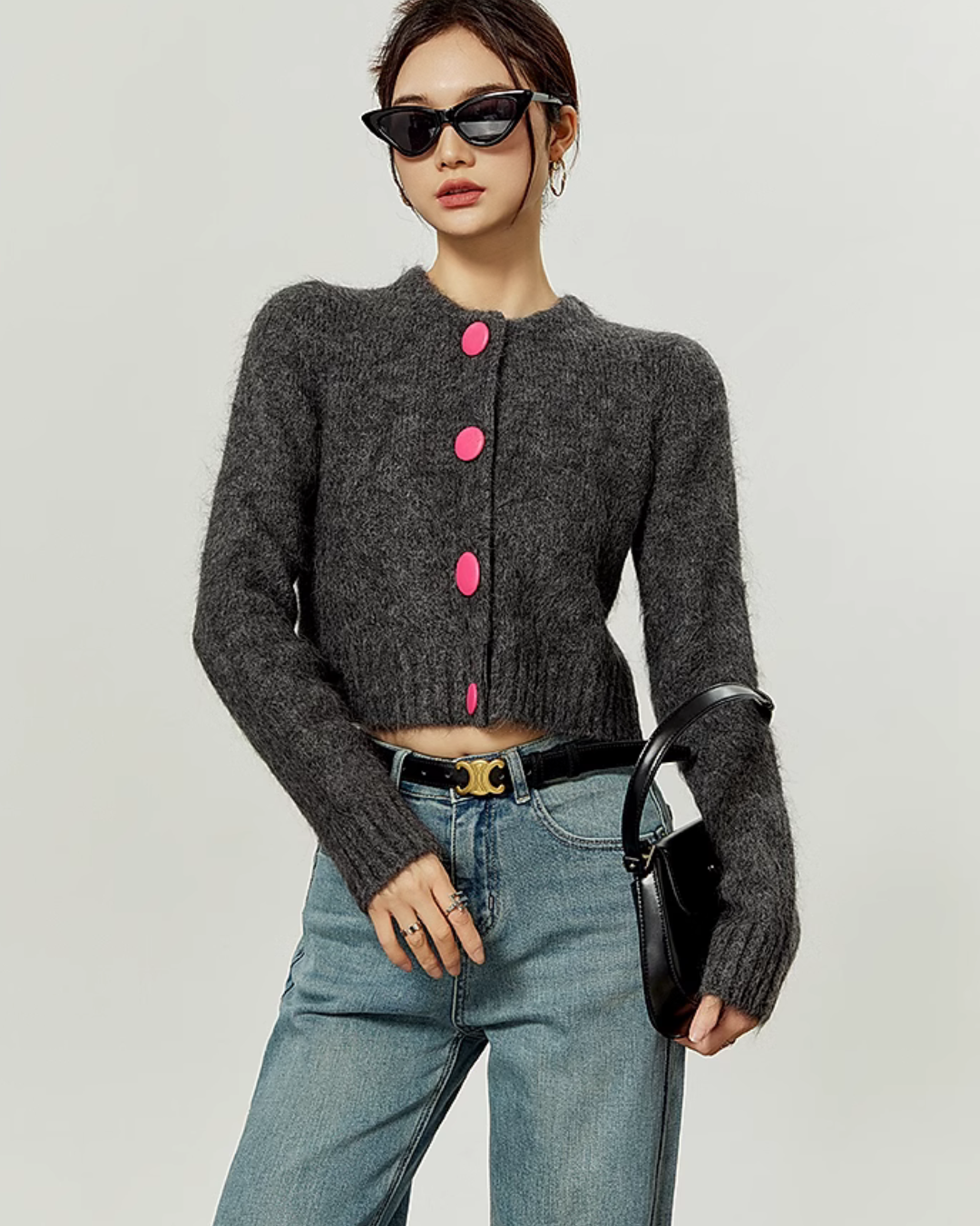 Pink Button Cropped Knit Cardigan LLA0371