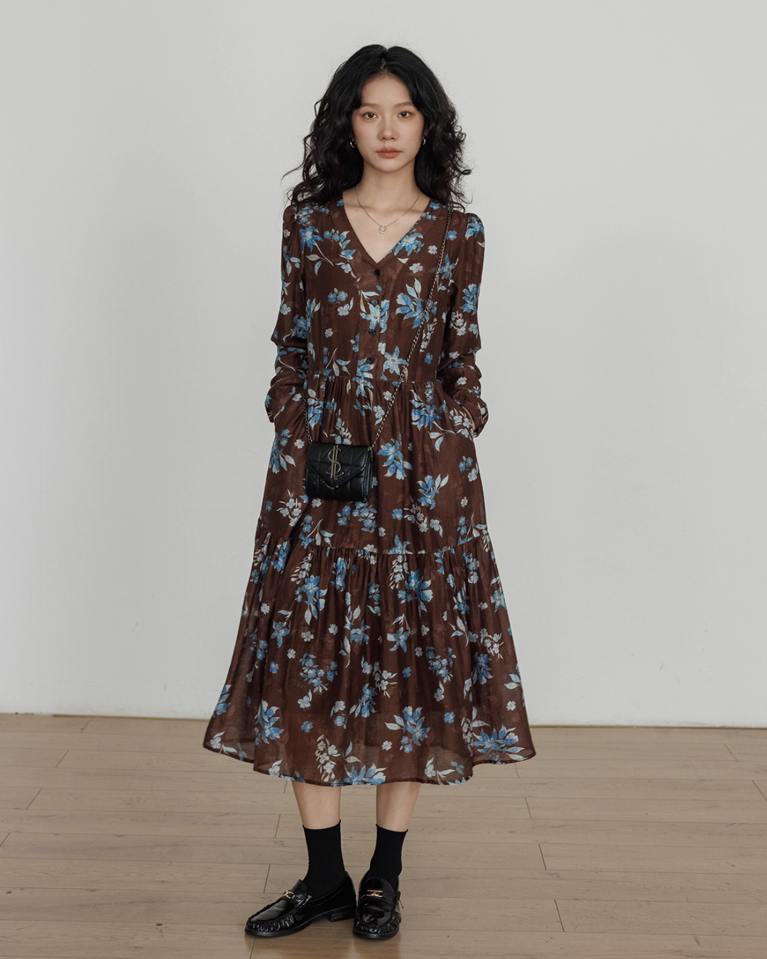 V-Neck Linen Print Elegant Dress VAS0151