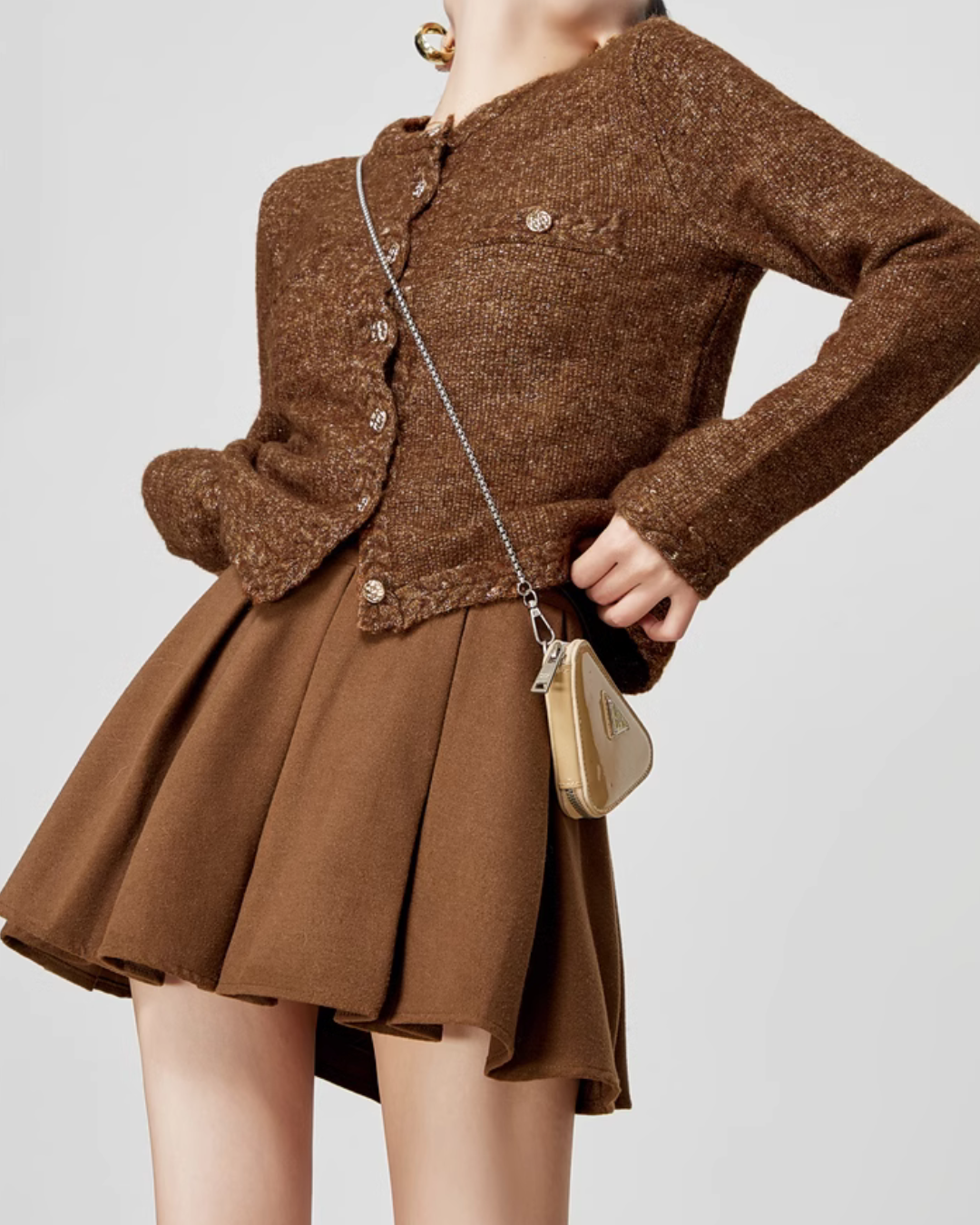 Brown Tweed Jacket / Flared Pleated Skirt LLA0340
