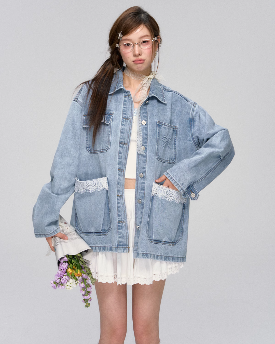 Lace Pocket Denim Jacket / Cropped Lace Camisole ASG0029