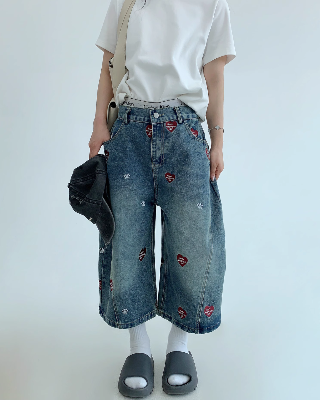 Heart Embroidery Design Wide Denim Pants YLS0851