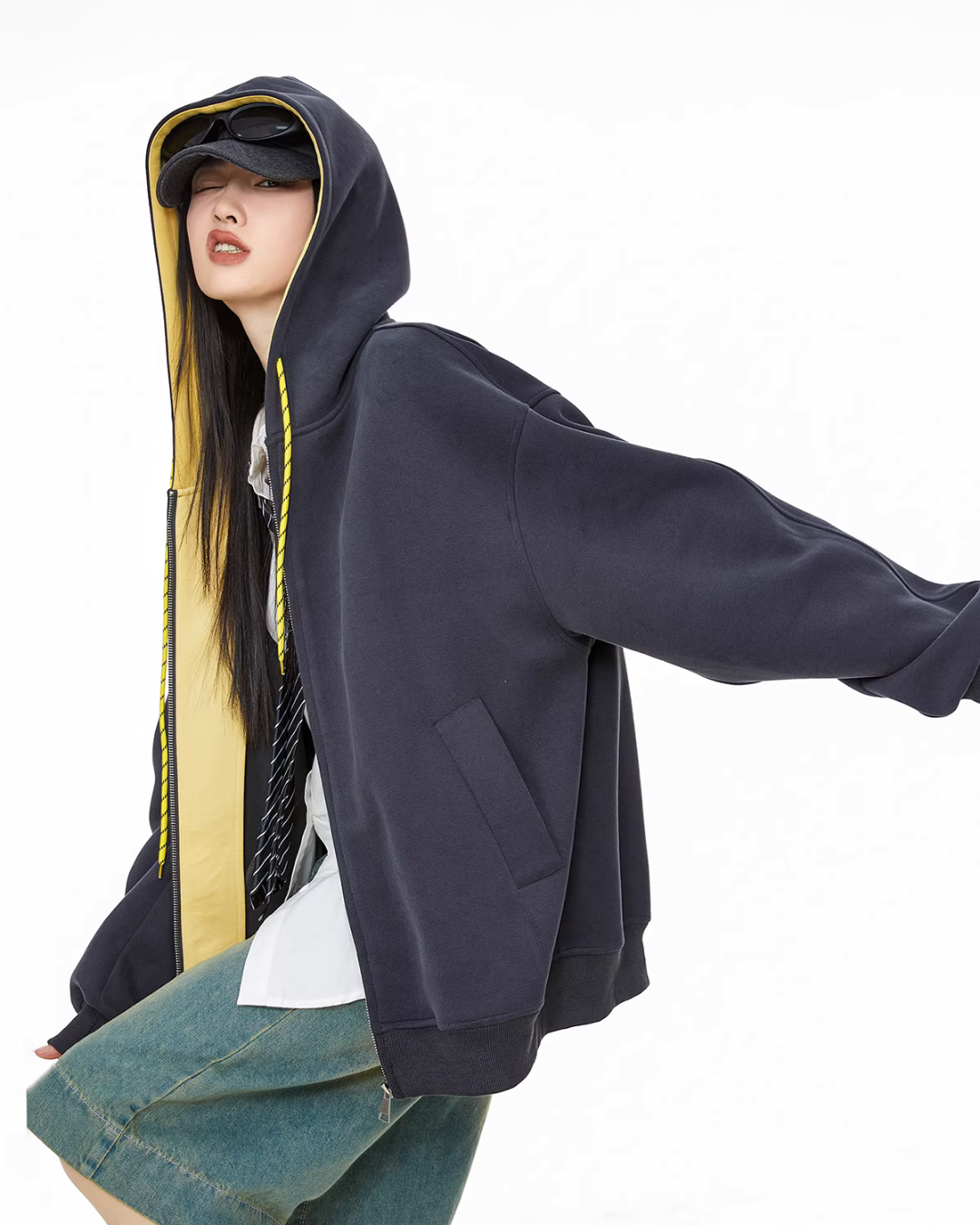 Oversized Drawstring Full Zip Hoodie ICM0073