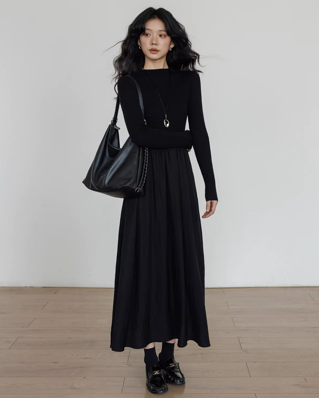 Mock Neck Top Docking Flare Skirt VAS0183
