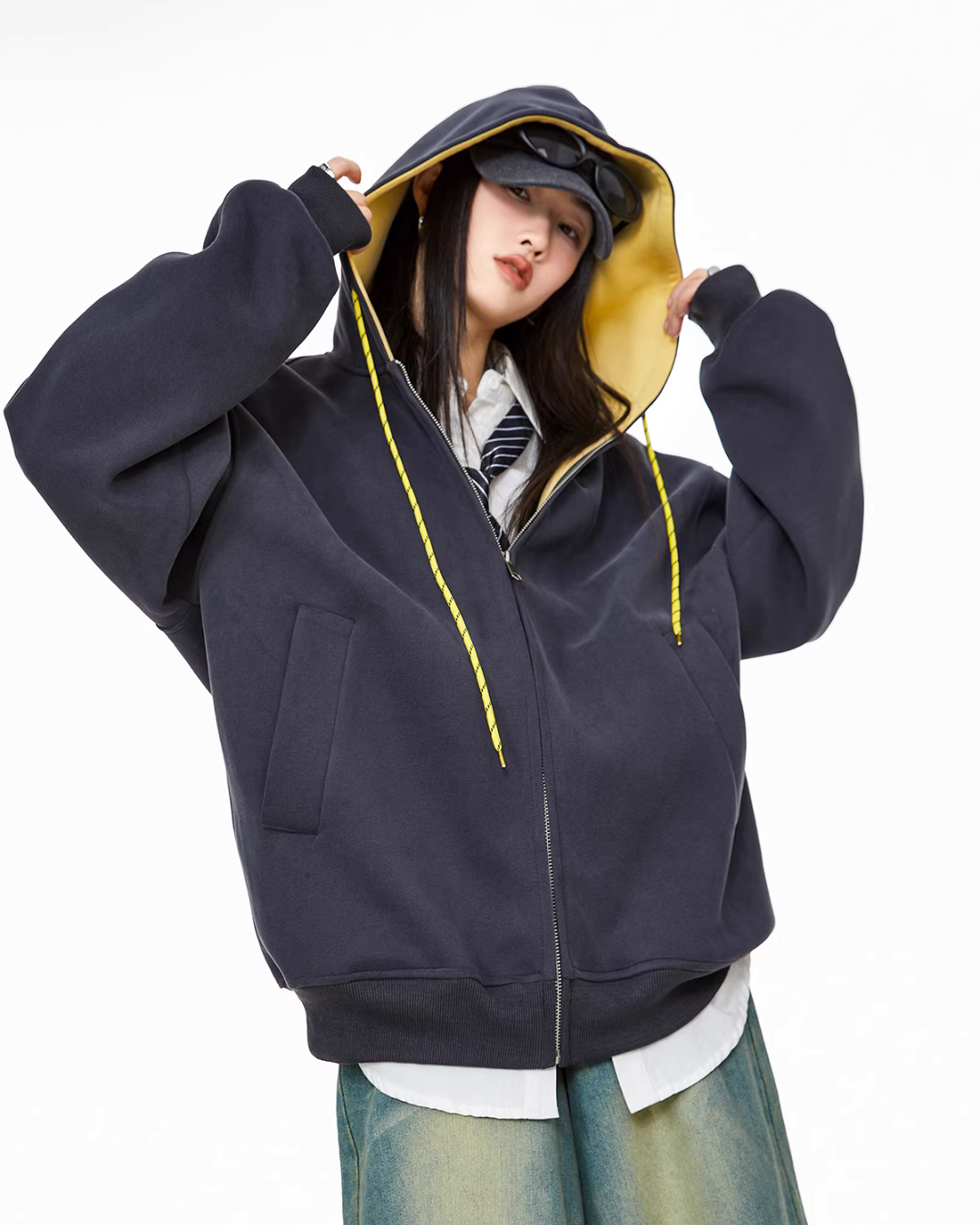 Oversized Drawstring Full Zip Hoodie ICM0073