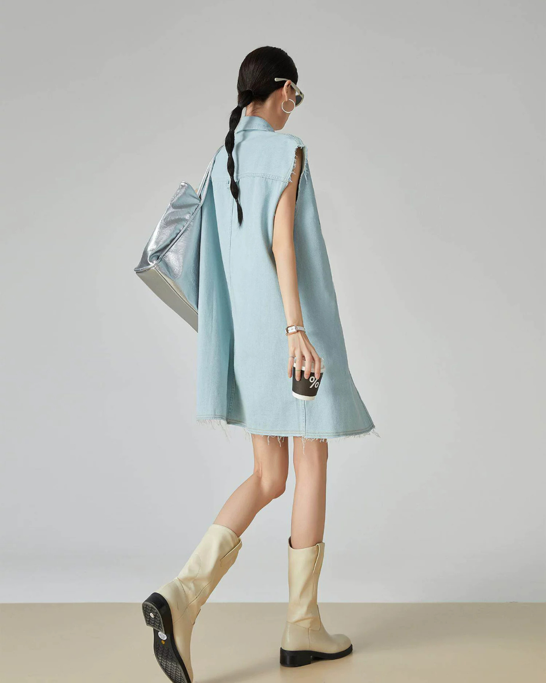 Patchwork Sleeveless Denim Shirt Dress FER0204