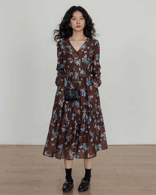 V-Neck Linen Print Elegant Dress VAS0151