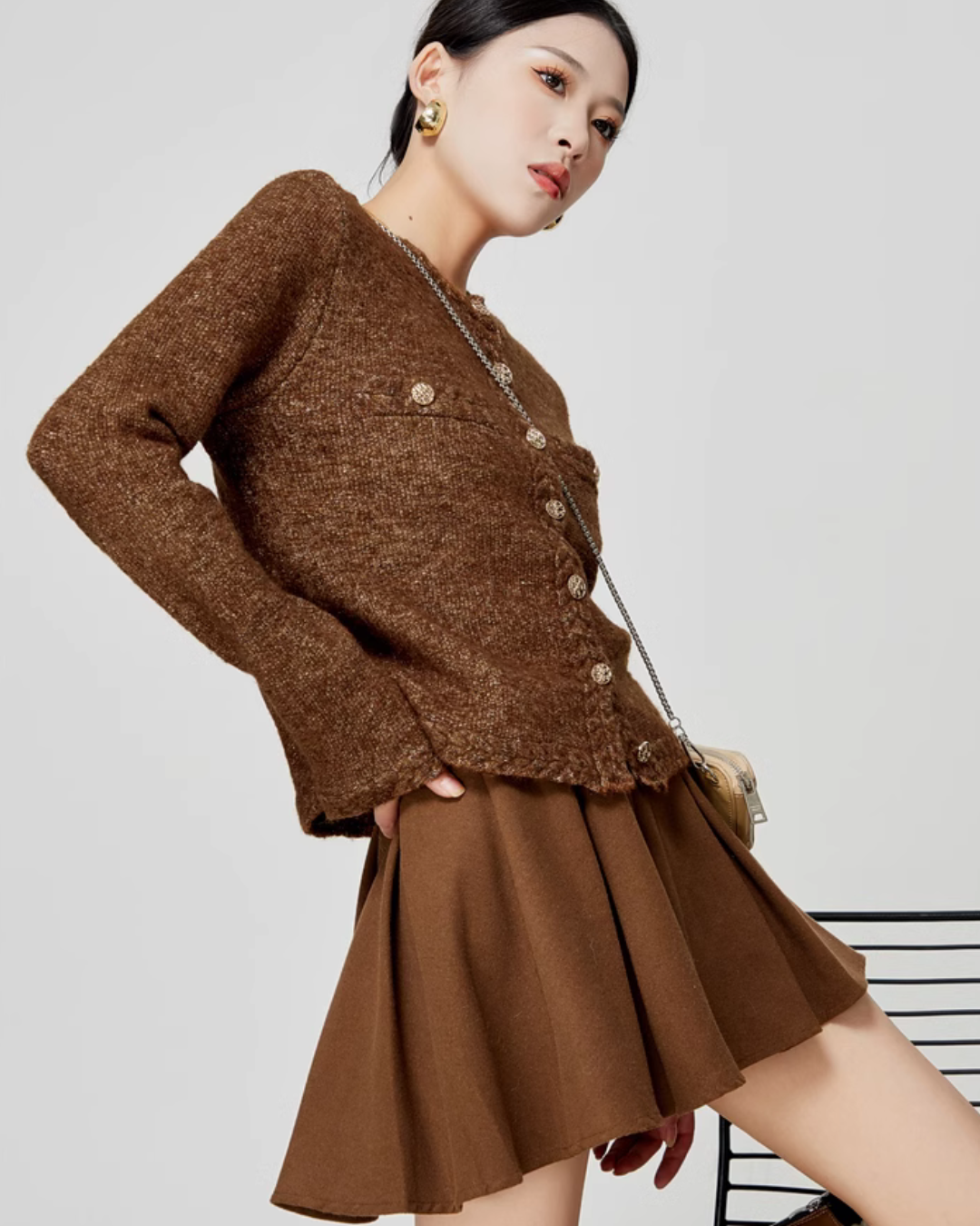 Brown Tweed Jacket / Flared Pleated Skirt LLA0340