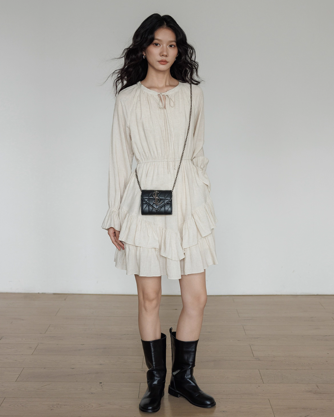 Round Neck Linen Long Sleeve Dress VAS0152