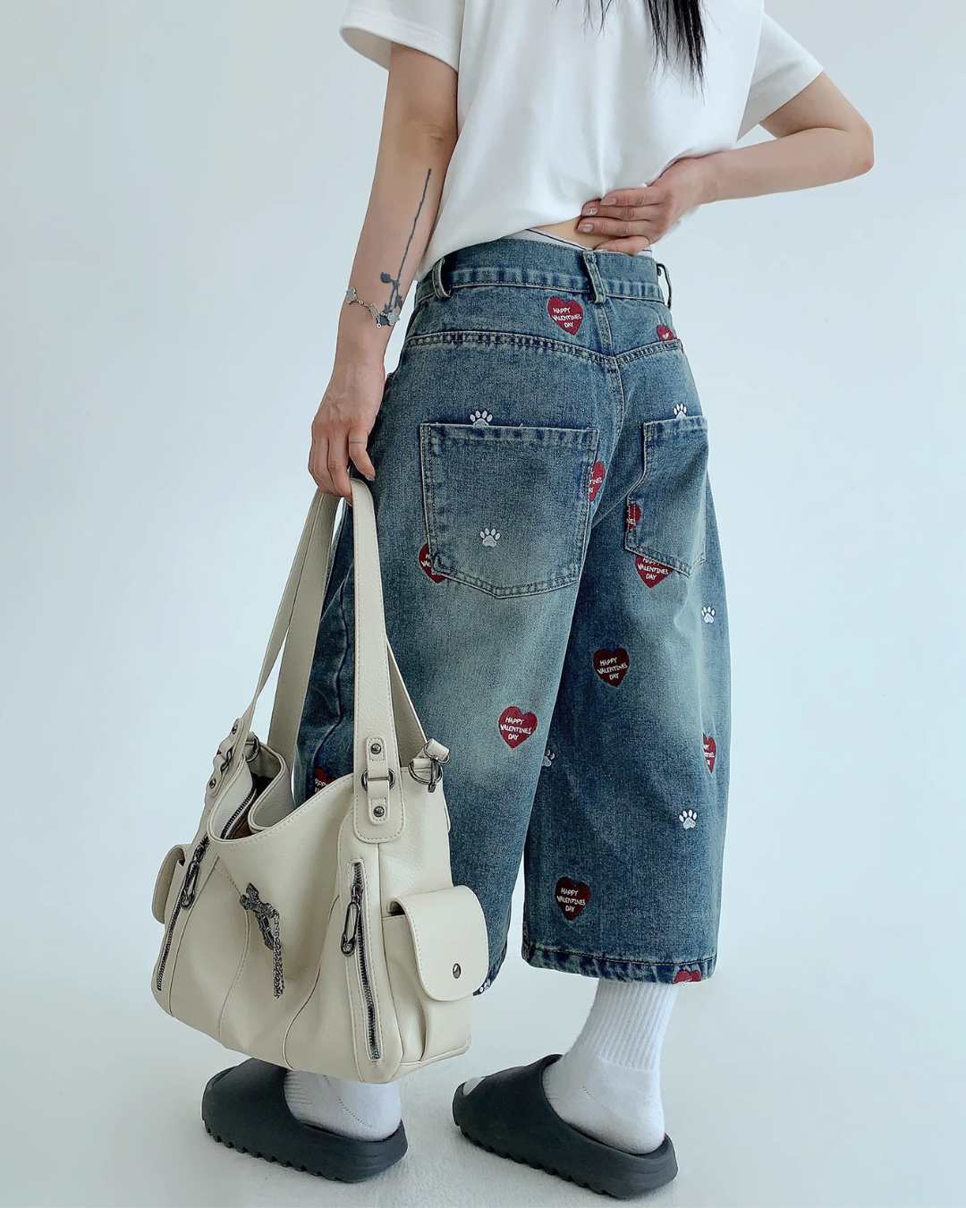 Heart Embroidery Design Wide Denim Pants YLS0851