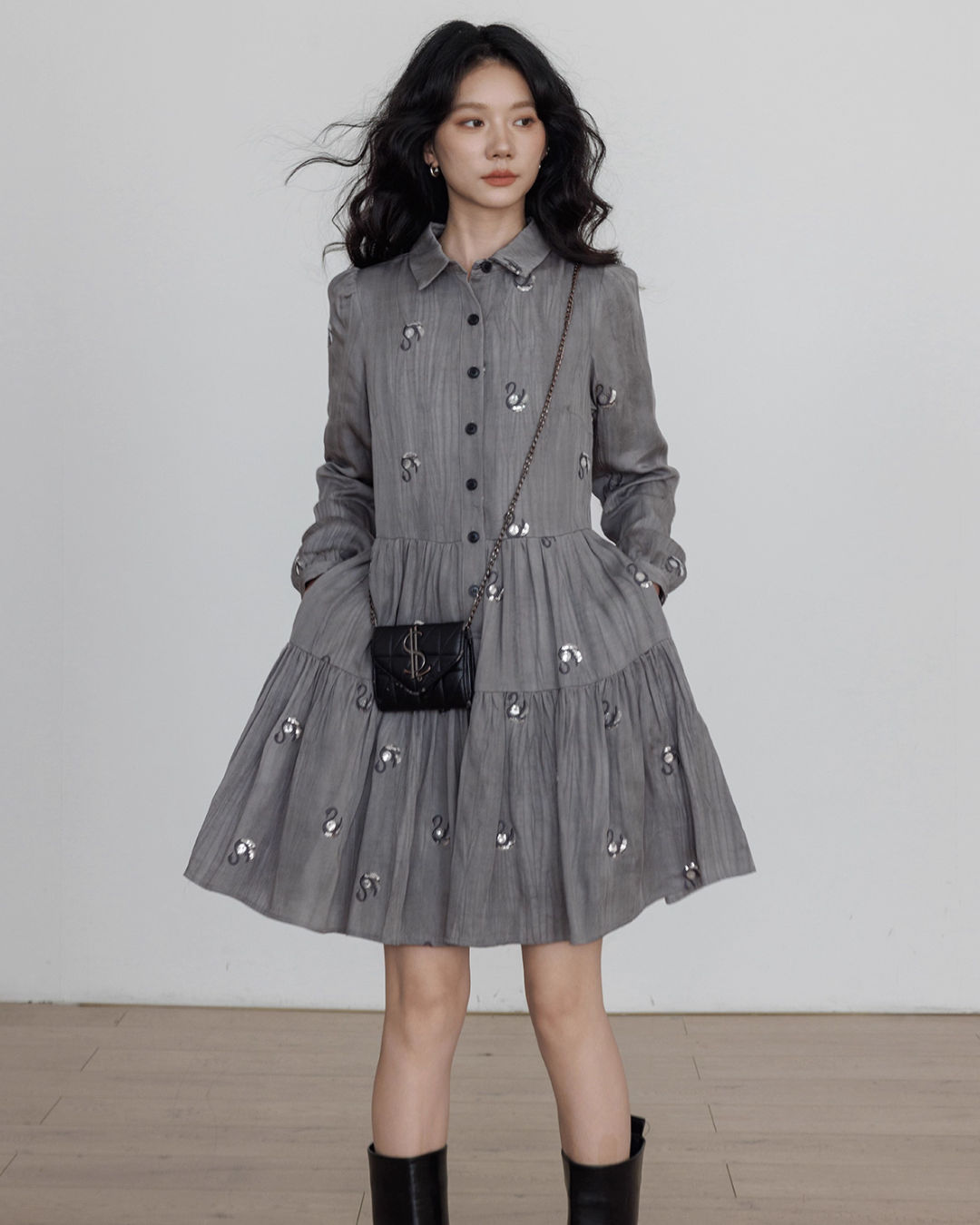 Long-Sleeve Shirt Flare Dress VAS0157
