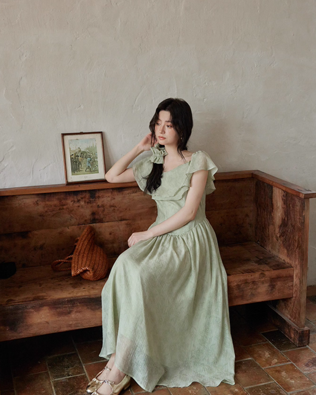 Frill Collar Green Long Dress SMS0012
