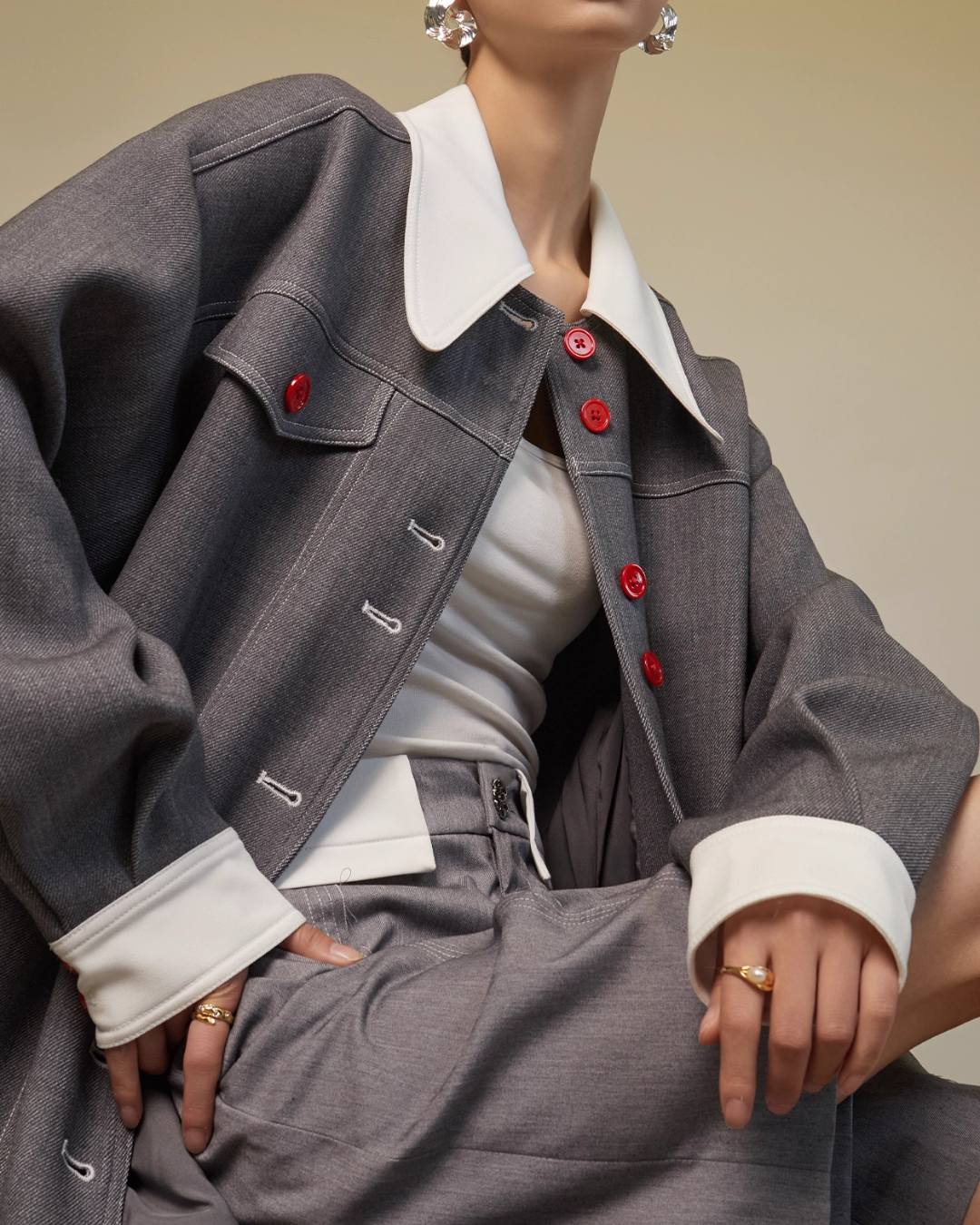 Red Button Patchwork Jacket / Shorts SUY0014