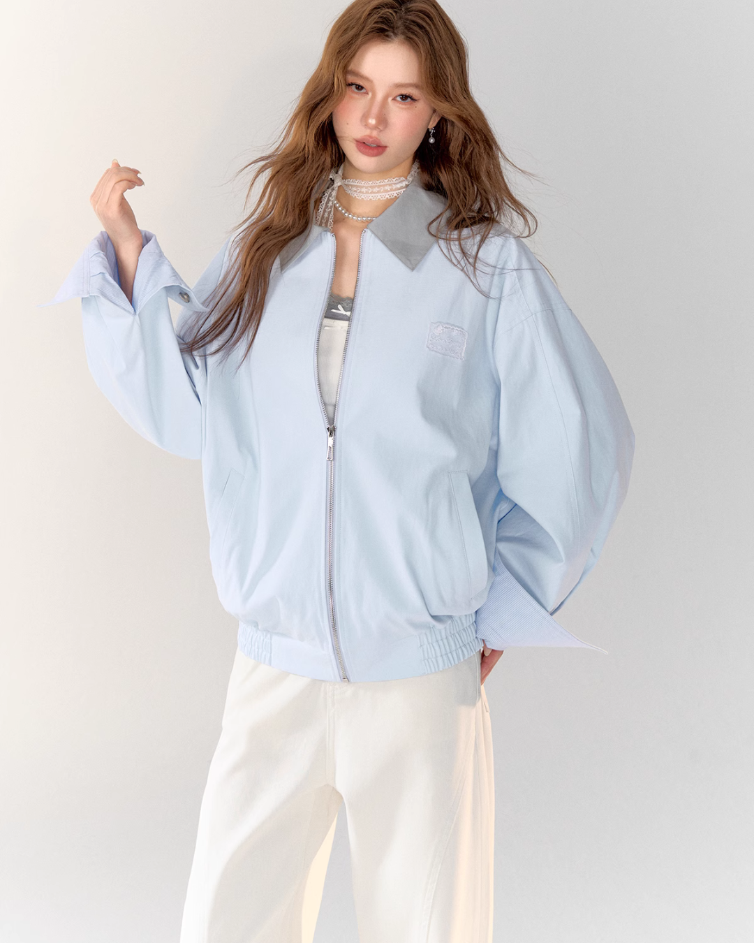Light Sea Salt Blue Jacket / White Wide Pants ASG0021