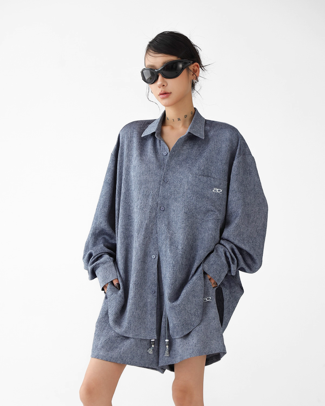 Dark Blue Drape Shirt / Waide Long Pants ACS0264