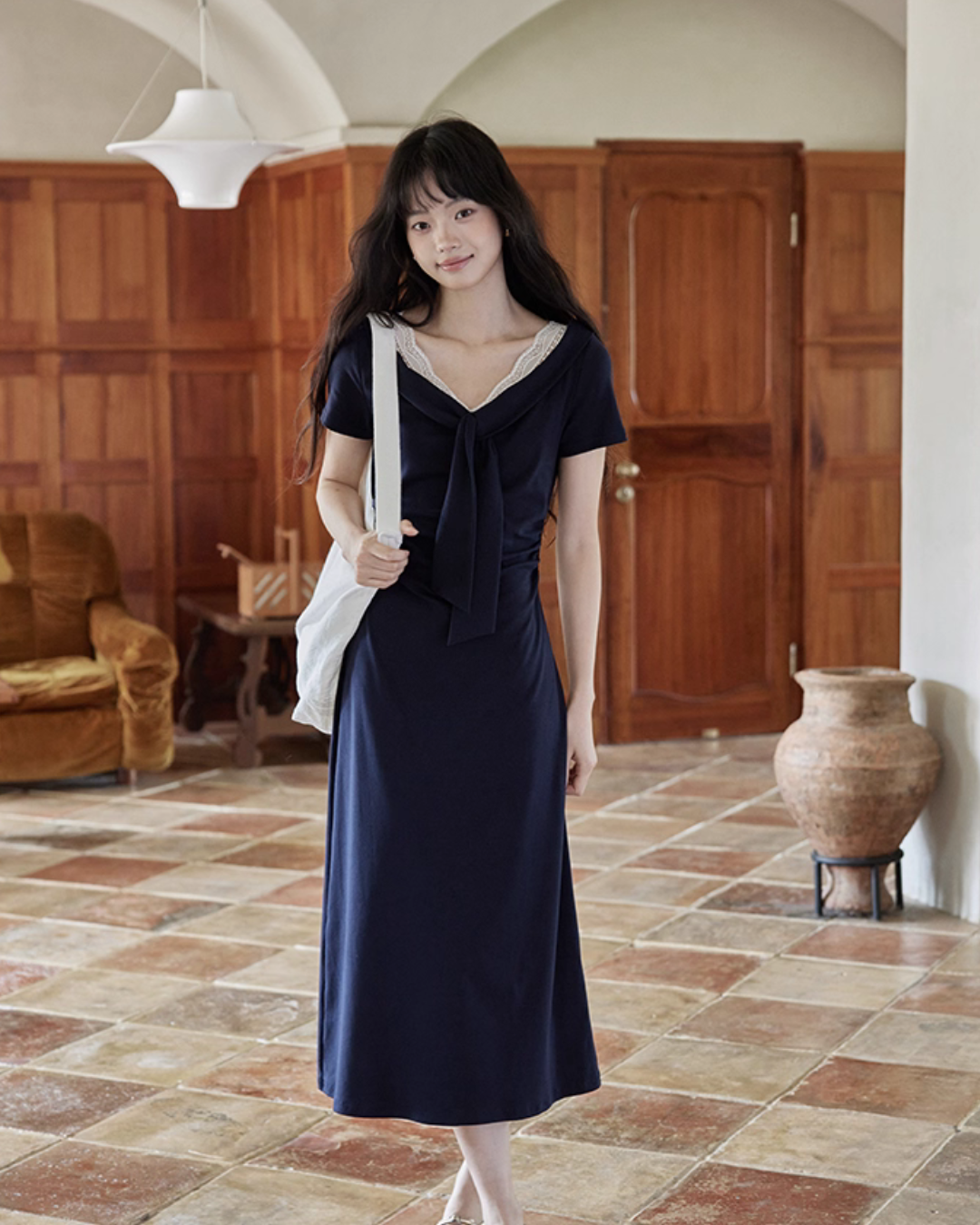 V-neck Navy Blue Dress SMS0025