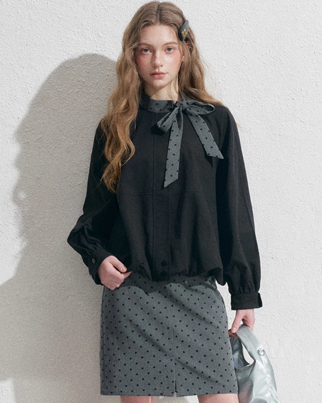 Ribbon Collar Long-Sleeve Blouse / Polka Dot Skirt NEP0002
