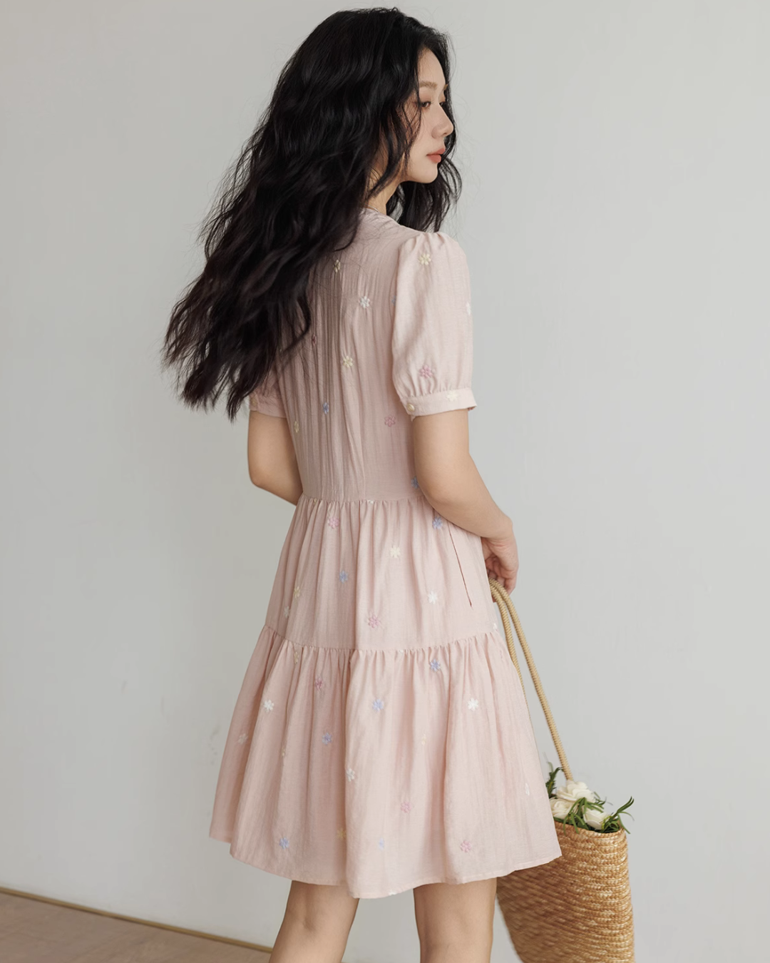 Flower Embroidery Tiered Mini Dress VAS0020
