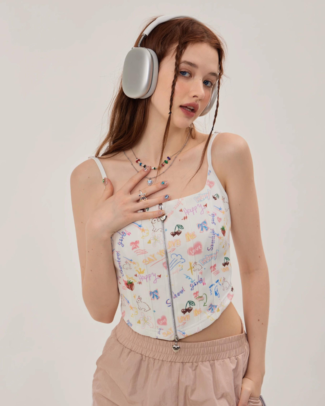 Graffiti Printed Zip Rib Camisole ZZF0252