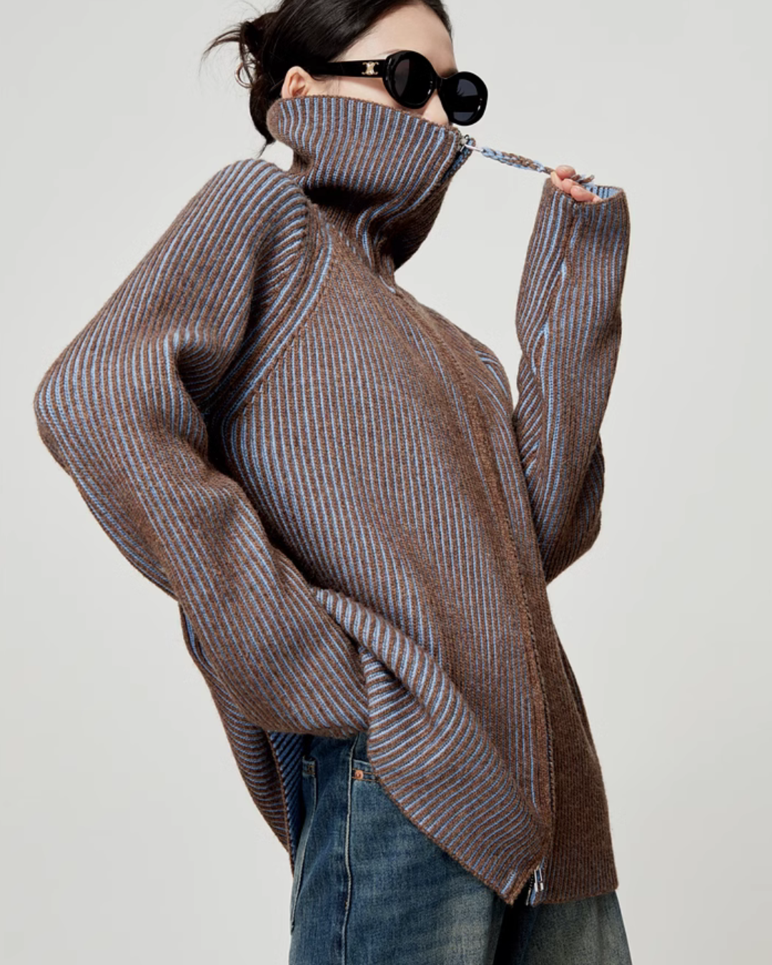Double Zipper Knit Cardigan / Vintage Denim Pants LLA0344