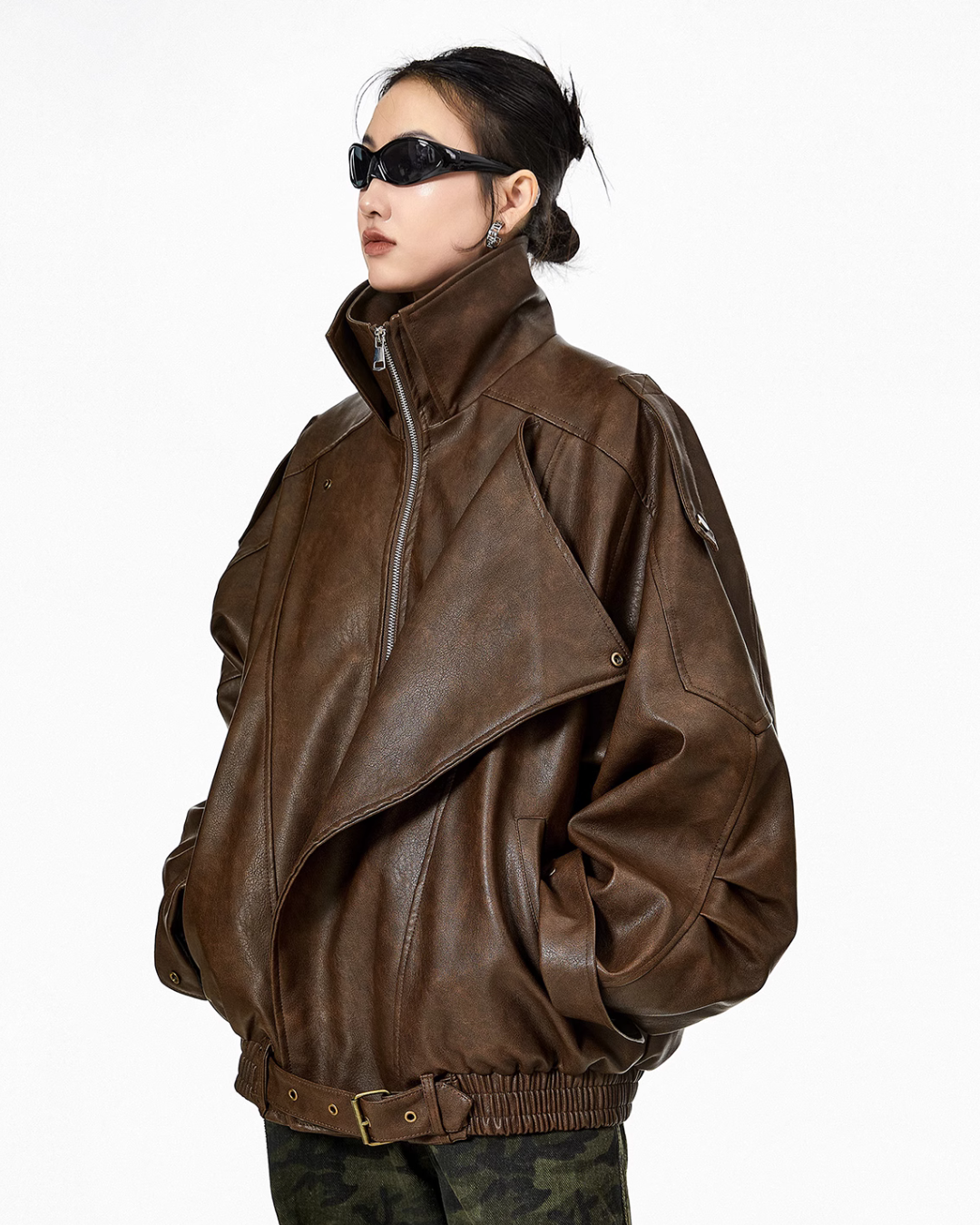 Stand Collar Volume Leather Jacket ICM0063