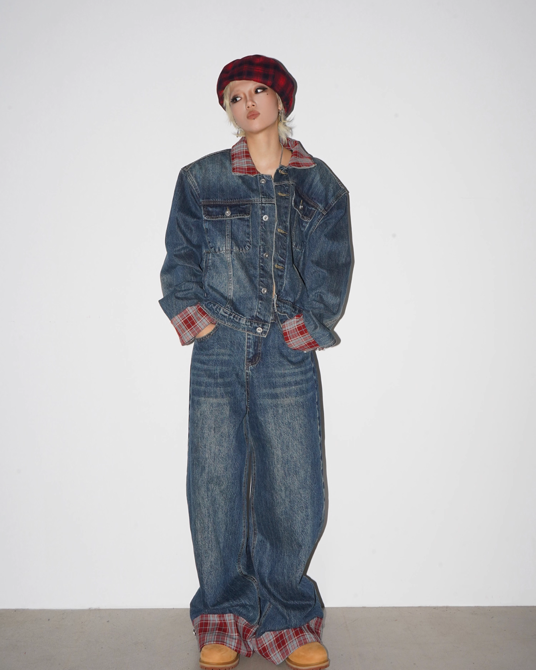 Retro Plaid Denim Jacket / Wide Denim Pants MCY0003