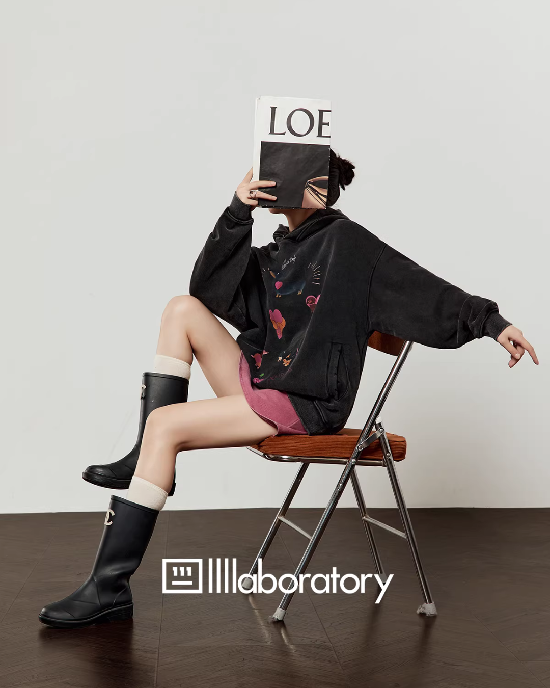 Dog Print Retro Hoodie / Pink Mini Skirt LLA0590