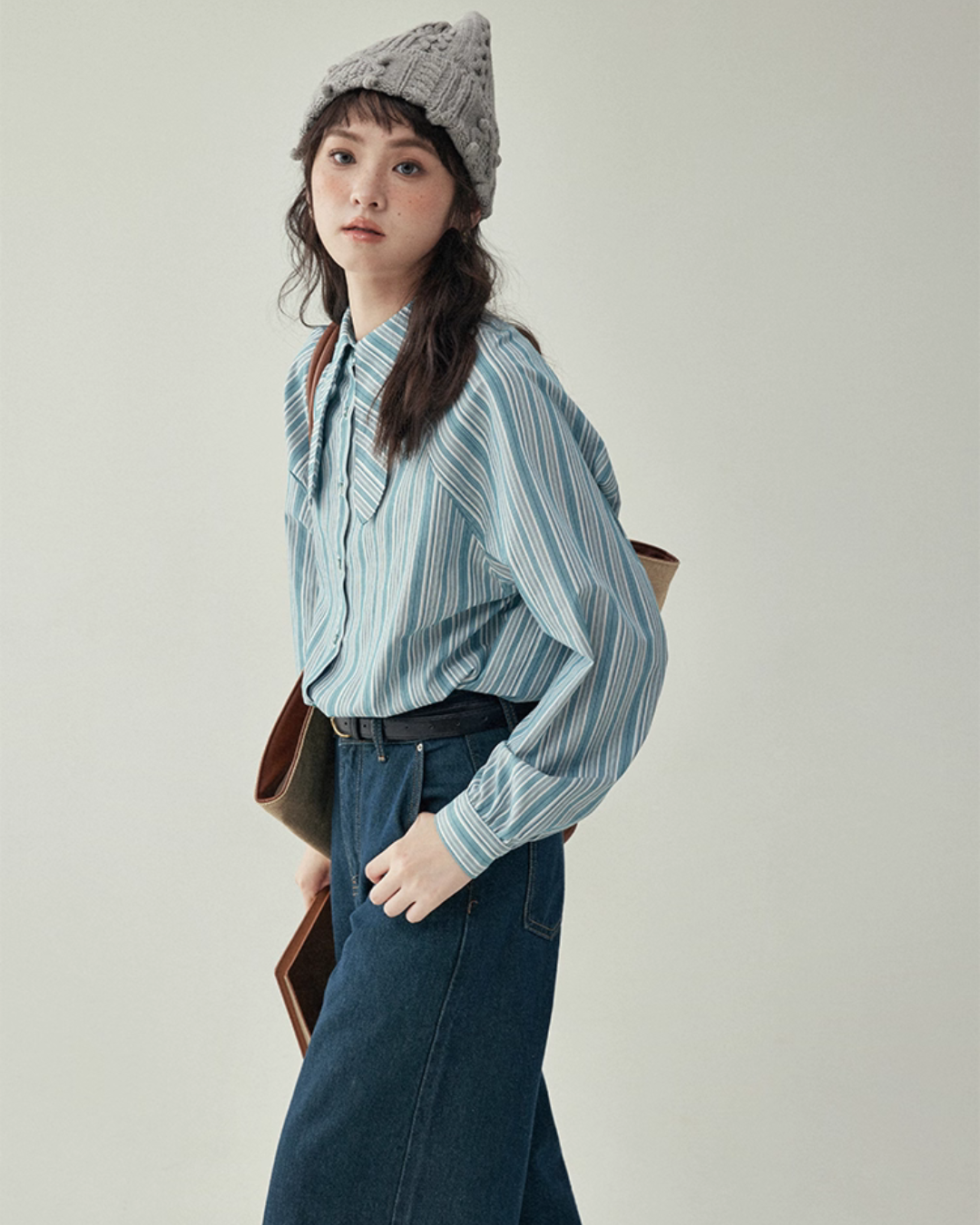 Blue Stripe Shirt / Wide Denim Pants / Corduroy Overall Skirt AMU0033