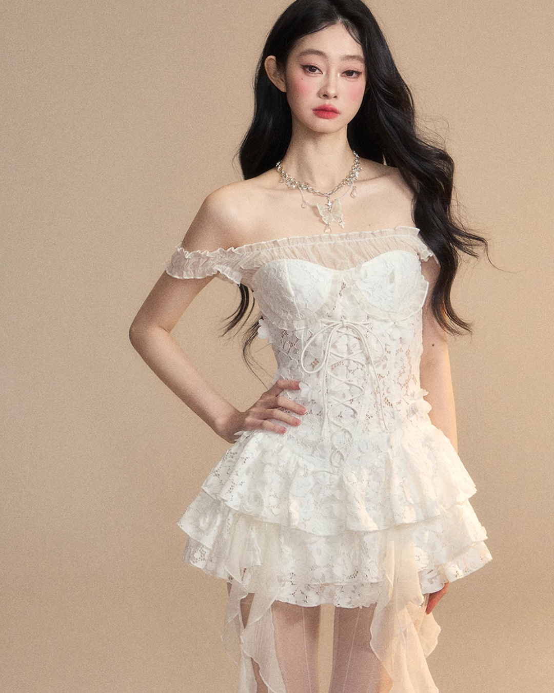 Off-shoulder lace ruffle dress LAS0022