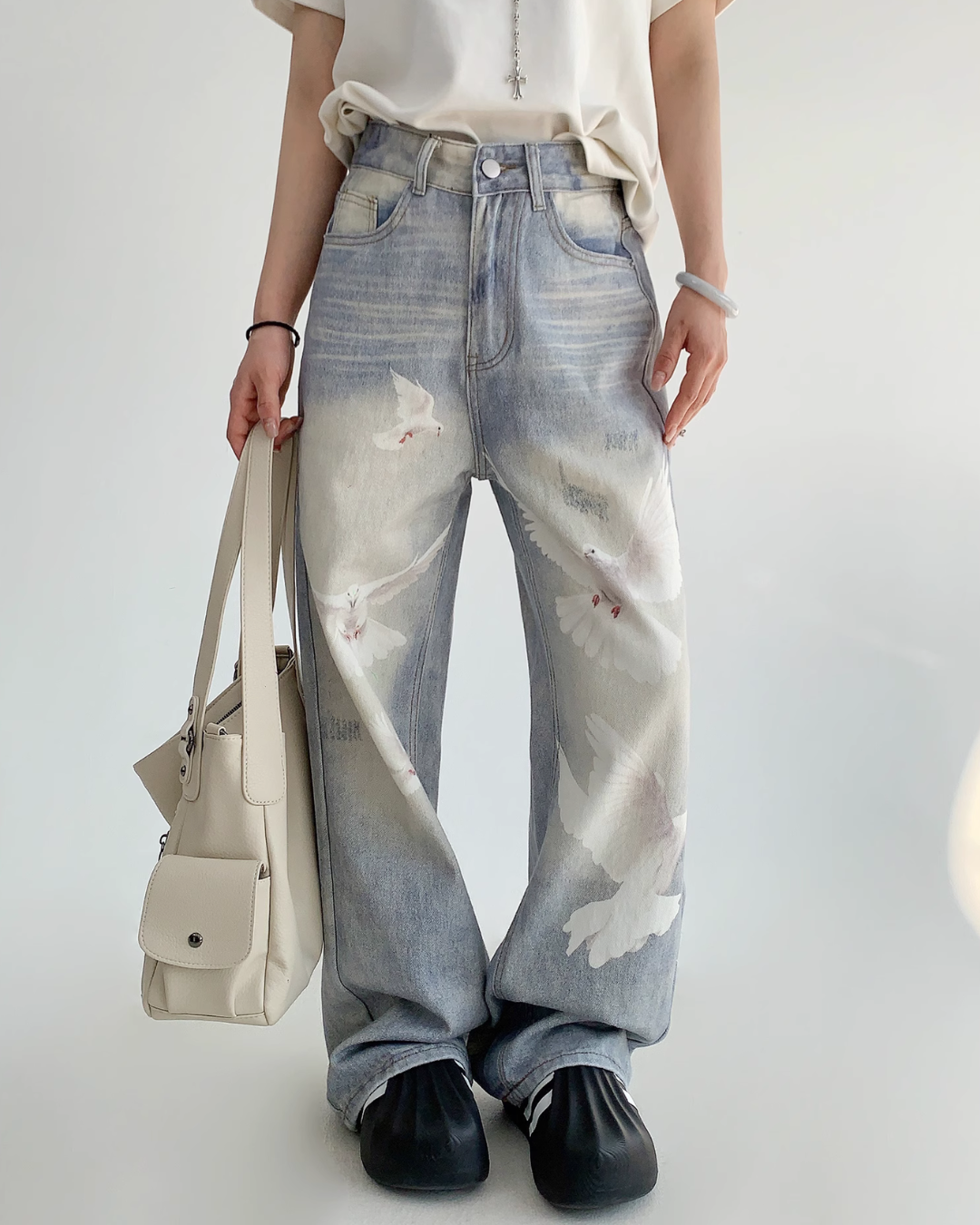 Bird Print Wide Denim Pants YLS0825