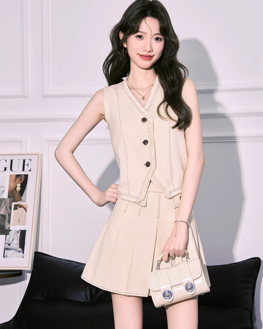 V-Neck Classic Vest & Pleated Skirt MNX0004