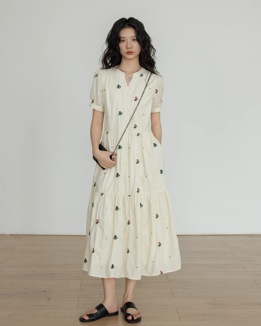 Apricot Flower Embroidery Tiered Long Dress VAS0022