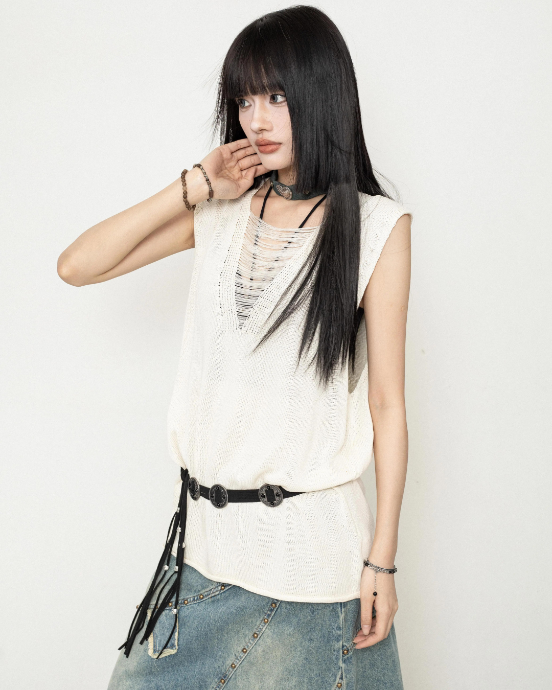 Sheer Crewneck Sleeveless Knit ZRS0071