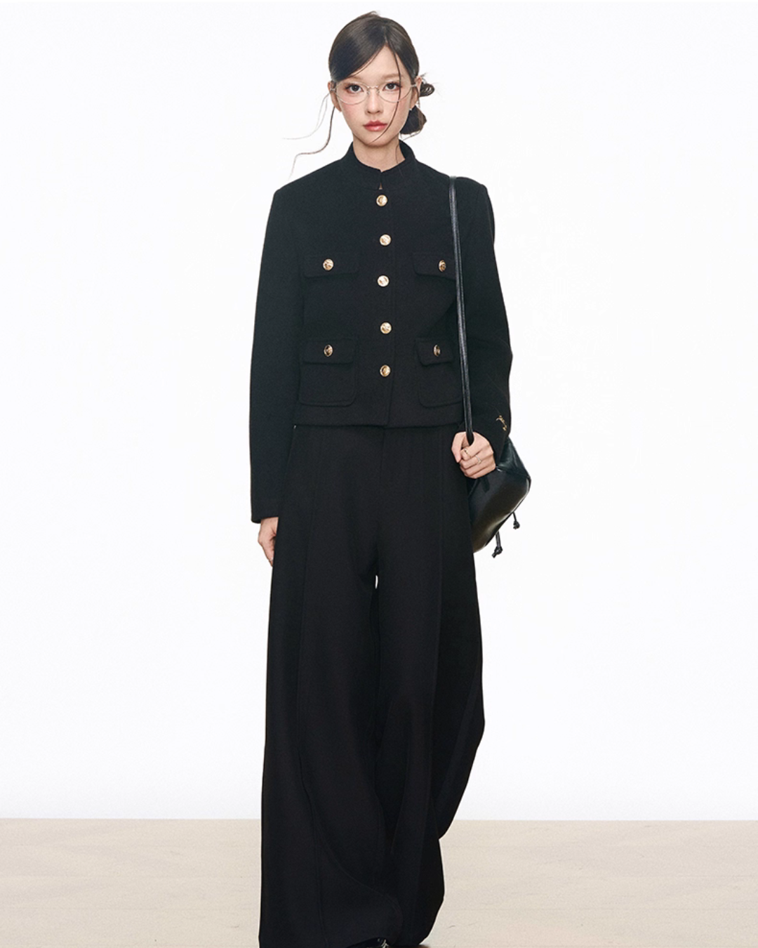 Black Gold Buckle Short Jacket / Black Casual Wide Pants WEO0069