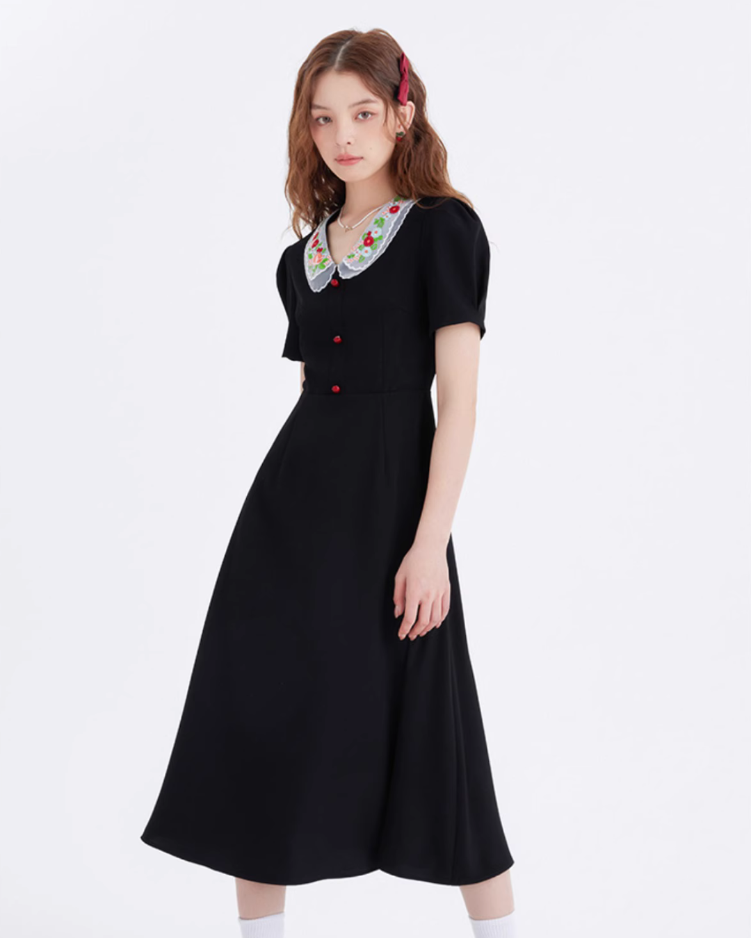 Flower Embroidery Collar Long Dress LSN0005
