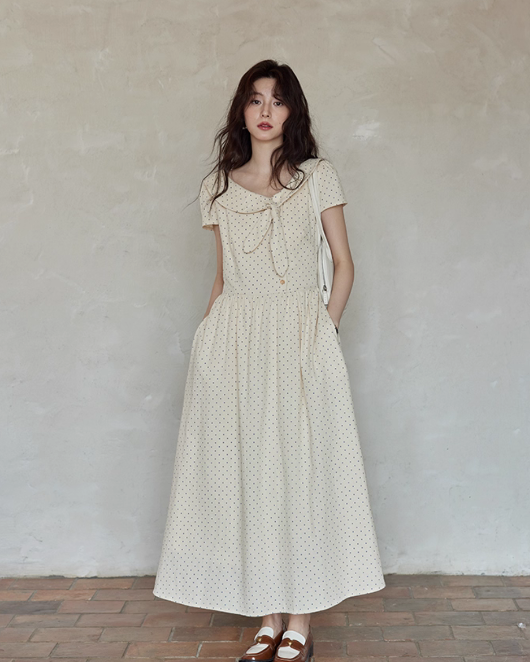 Ribbon Collar Polka Dot Dress SMS0022