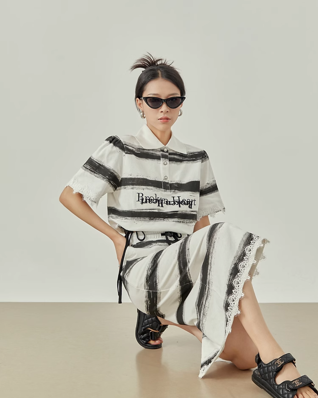 Striped Polo Collar Shirt / Long Skirt LLA0060