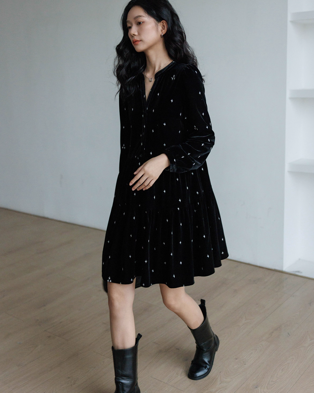 French Star Embroidery Velvet Dress VAS0128
