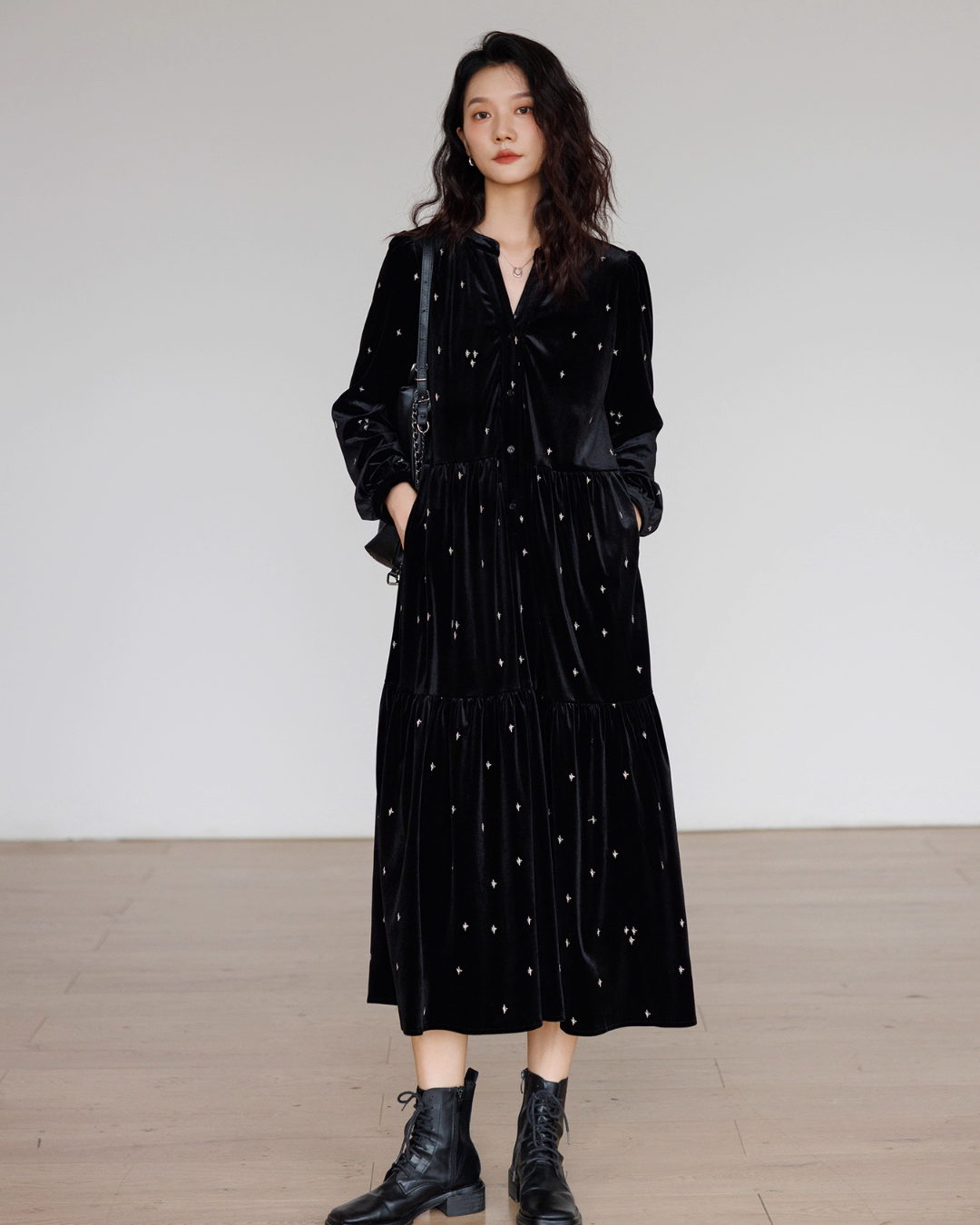V-Neck Velour Elegant Dress VAS0141