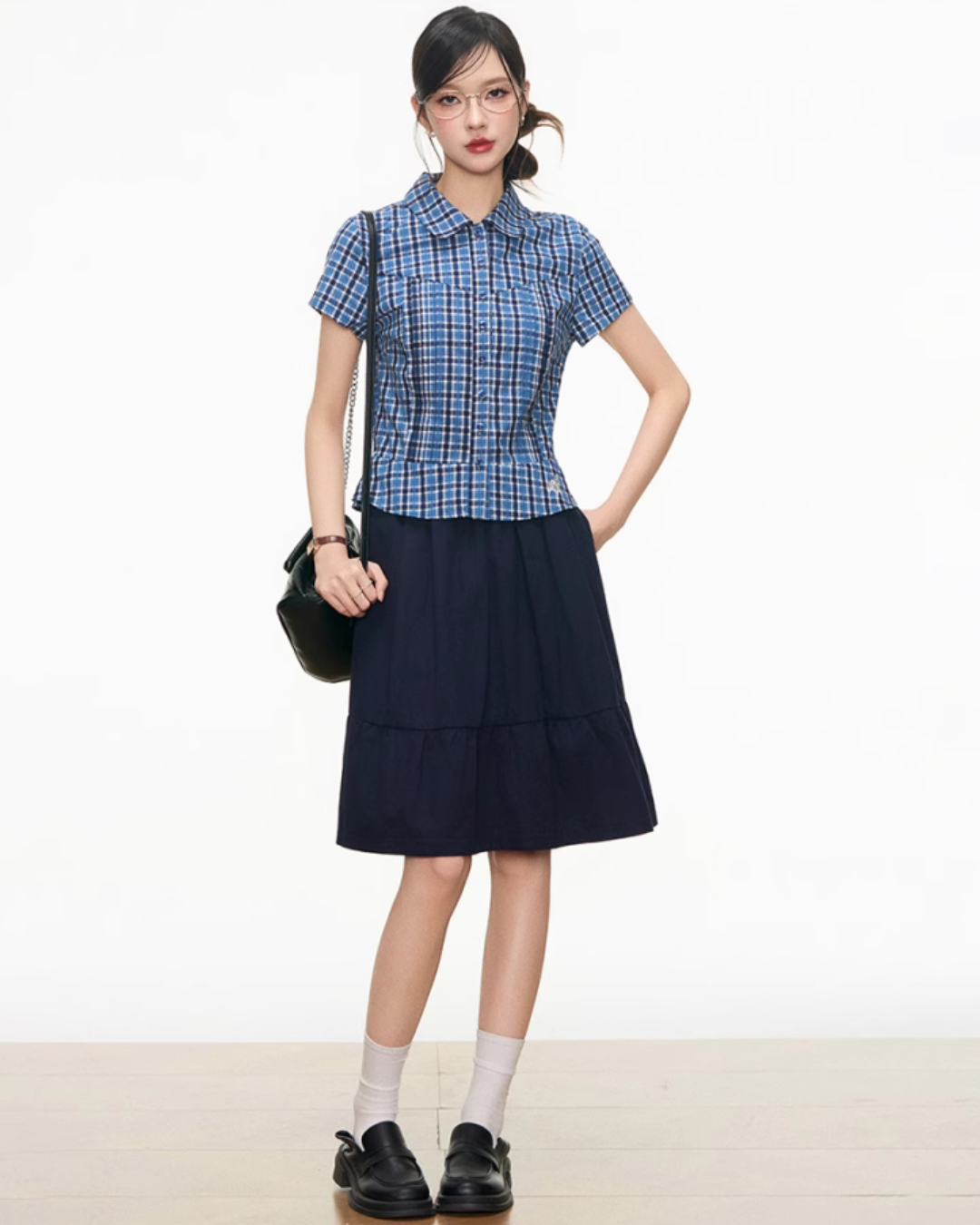 Checked Short Sleeve Shirt / Dark Blue Midi Skirt WEO0028
