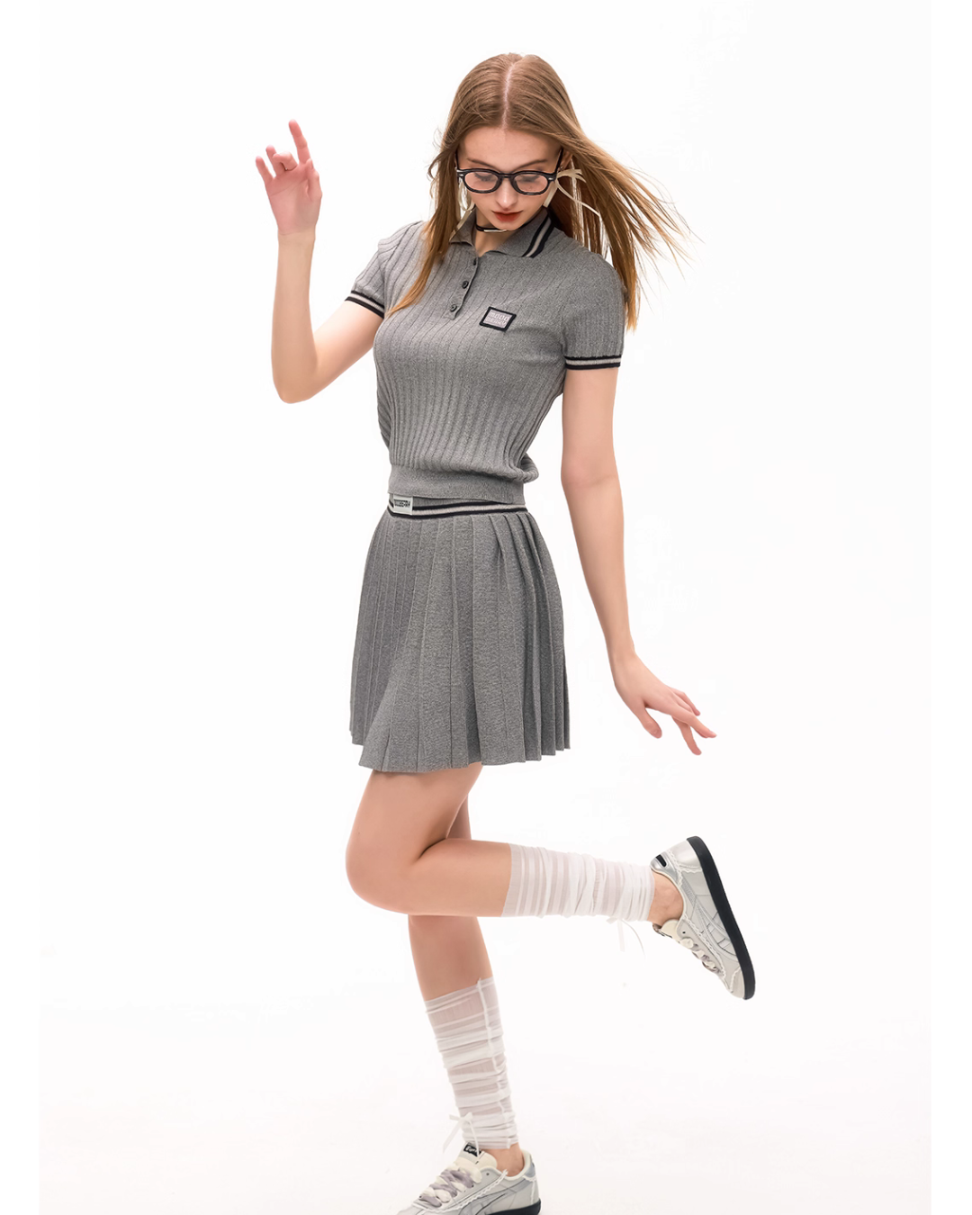 Polo Rib Knit Top / Pleated Skirt MDB0001