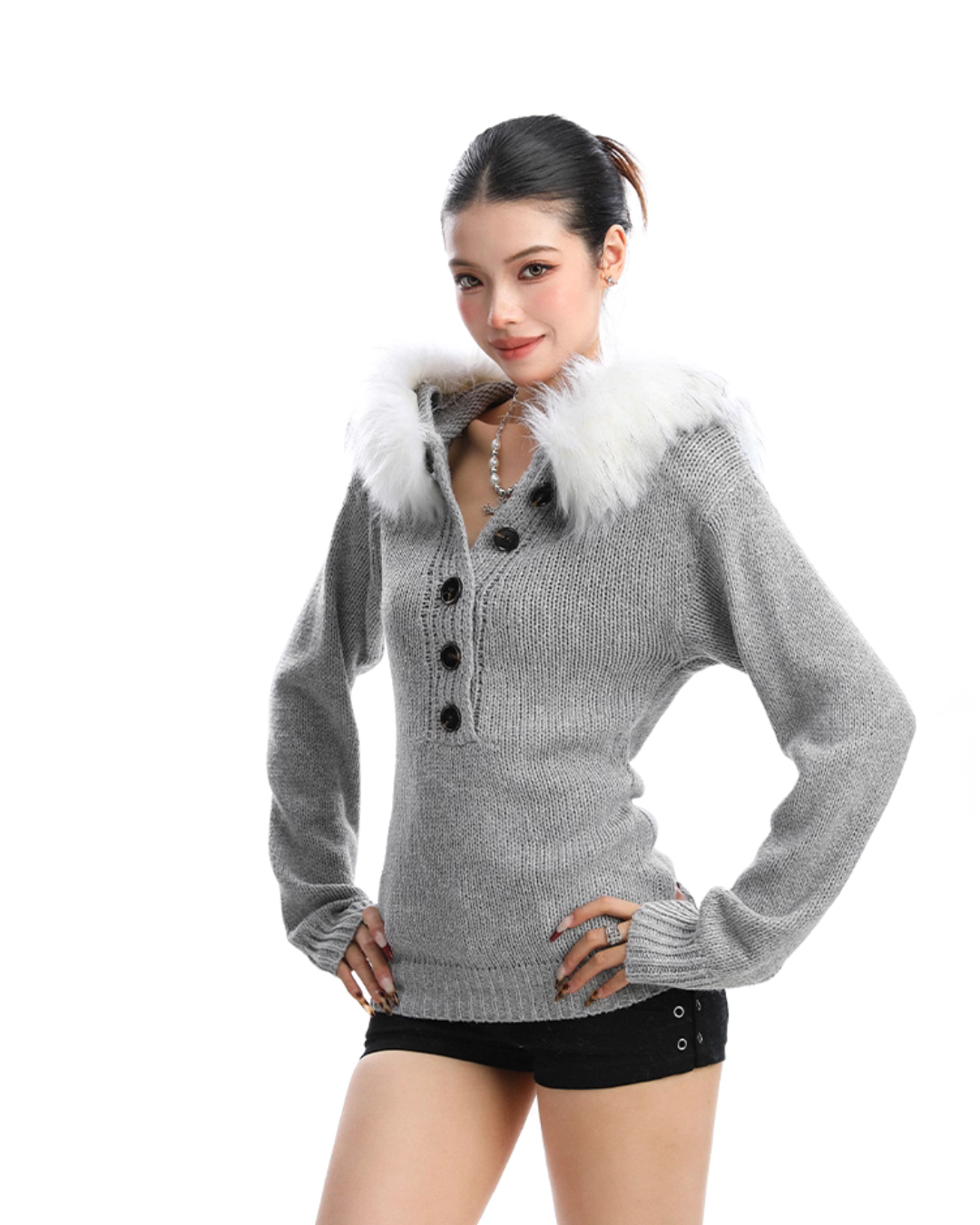 Fur Hood Half Button Knit BGS0014