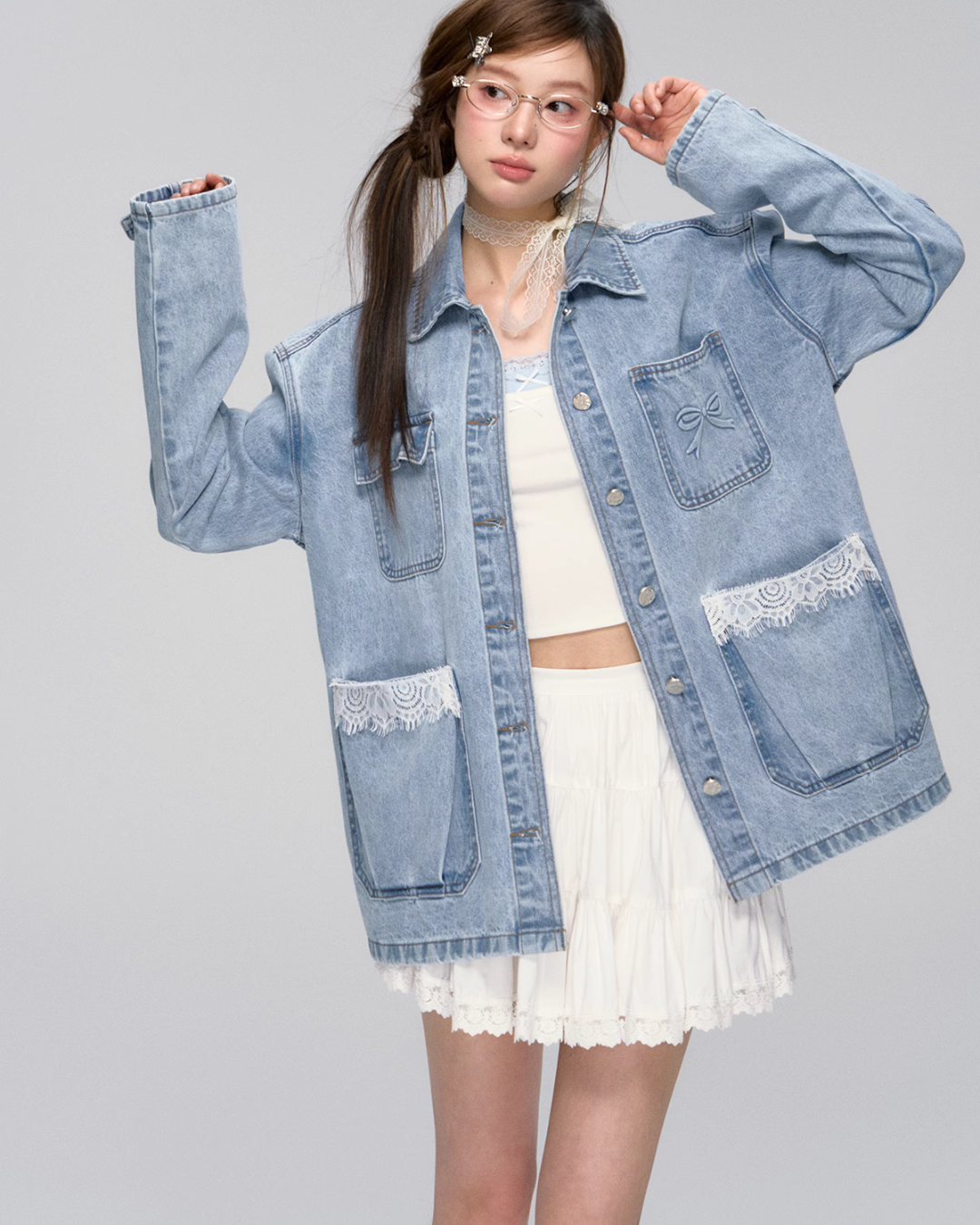 Lace Pocket Denim Jacket / Cropped Lace Camisole ASG0029