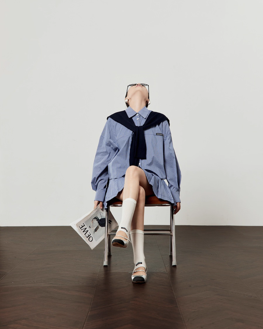 Blue Check Long Sleeve Shirt / Relaxed Mini Skirt LLA0513