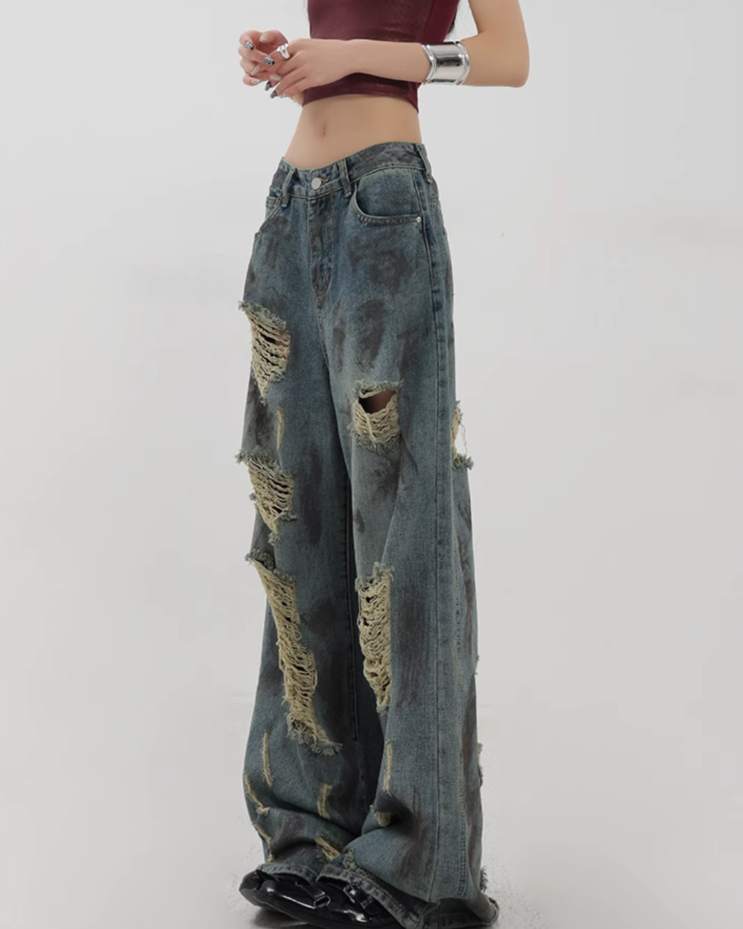 Vintage Damaged Wide Denim Pants KNH0003