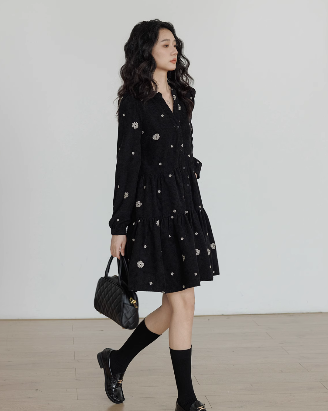 V-Neck Flower Embroidered Dress VAS0001