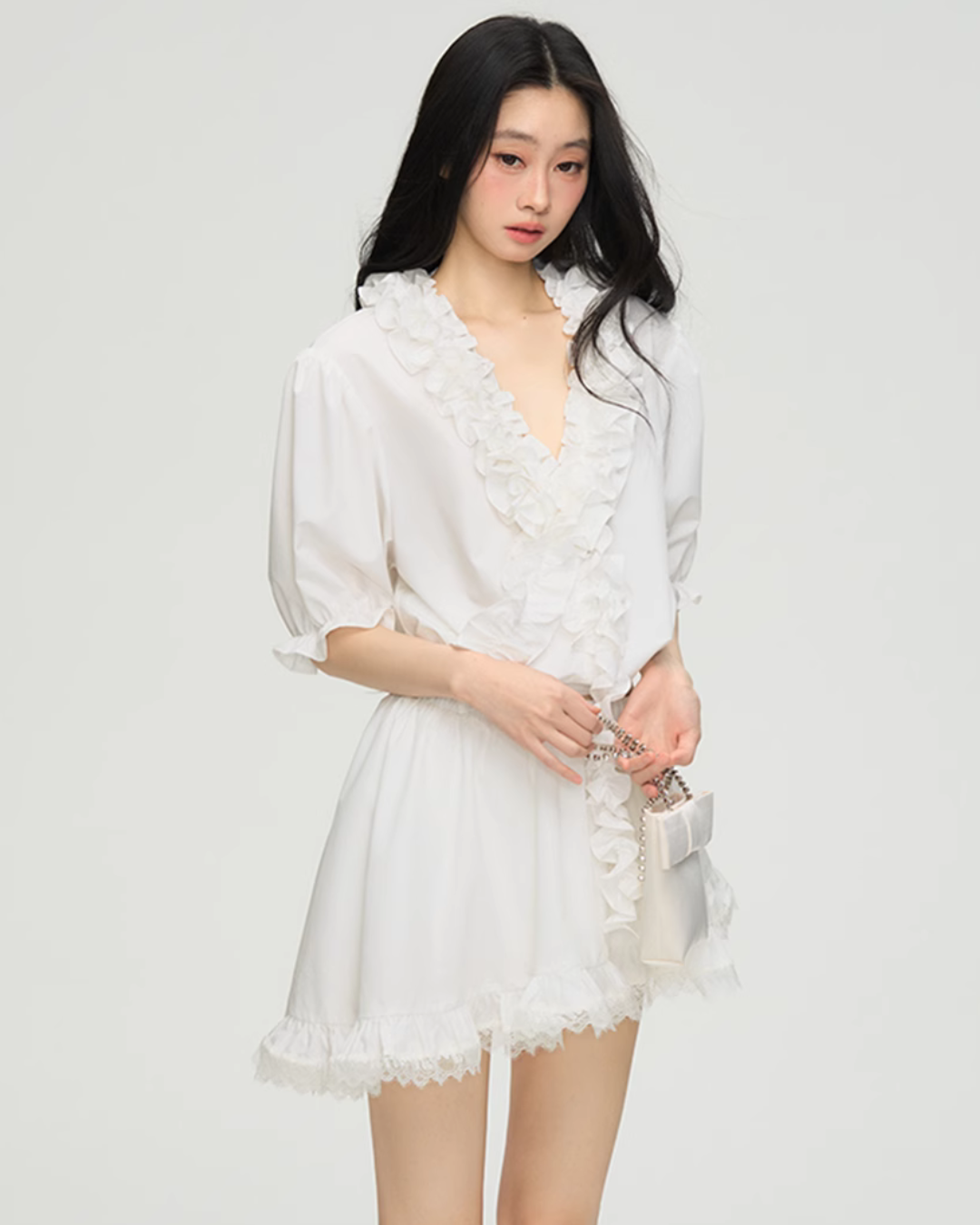 V-Neck Cream Lace Top / Asymmetrical Lace Skirt PUC0014