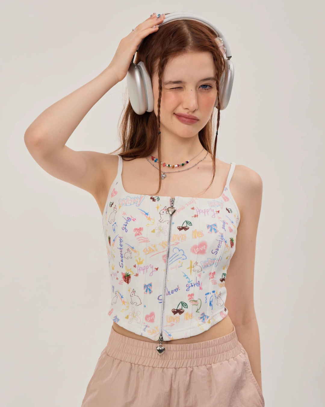 Graffiti Printed Zip Rib Camisole ZZF0252